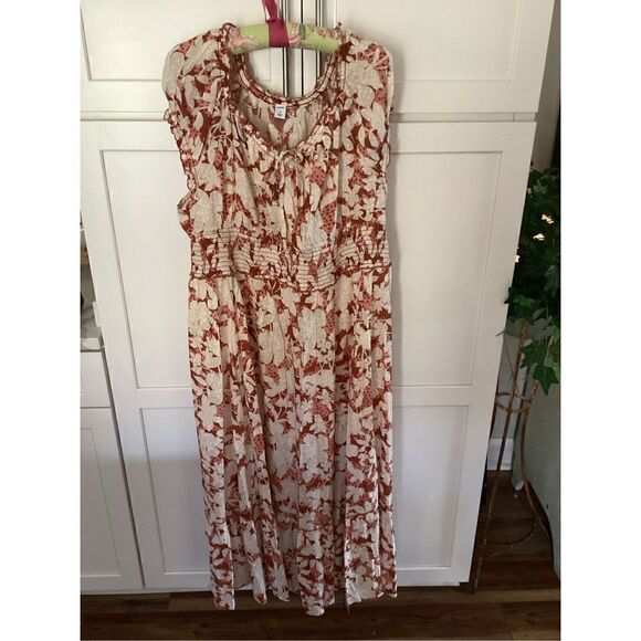 Old Navy Womens Smocked Coral Maxi Dress Sz XL Floral Stretch Peasant - Picture 2 of 9